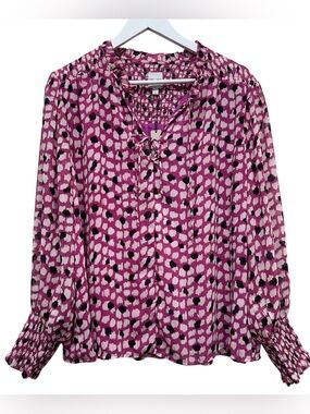 Nic + Zoe Women's New Pink Black Polka Dot Blouse Shirt Boho Cottagecore L NWT